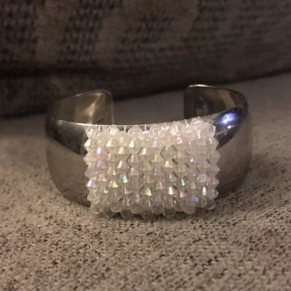 Aurora Borealis Geometric Square Beaded Large Thick Stainless Steel Cuff Bangle - Picture 8 of 12